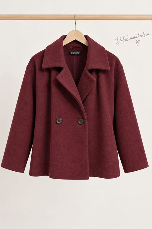 Kadın Bordo Kruvaze Yaka Düğmeli Oversize Kısa Kaşe Kaban CLT042