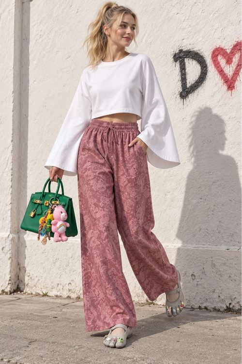 Pembe Jakarlı Desenli Beli Lastikli Bol Paça Kadın Pantolon DKHF061