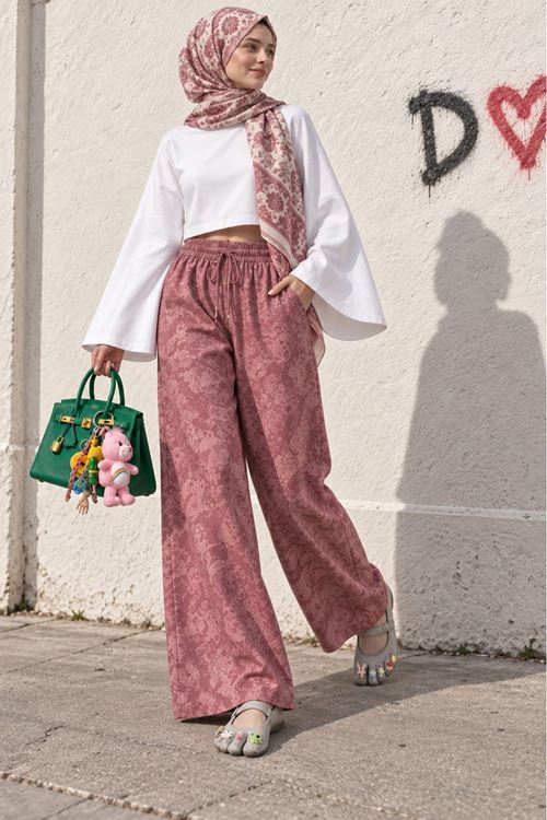 Pembe Jakarlı Desenli Beli Lastikli Bol Paça Kadın Pantolon DKHF061