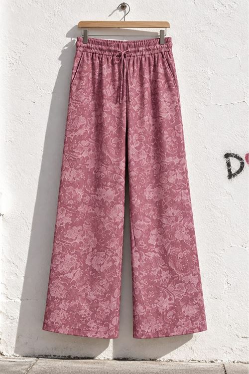 Pembe Jakarlı Desenli Beli Lastikli Bol Paça Kadın Pantolon DKHF061