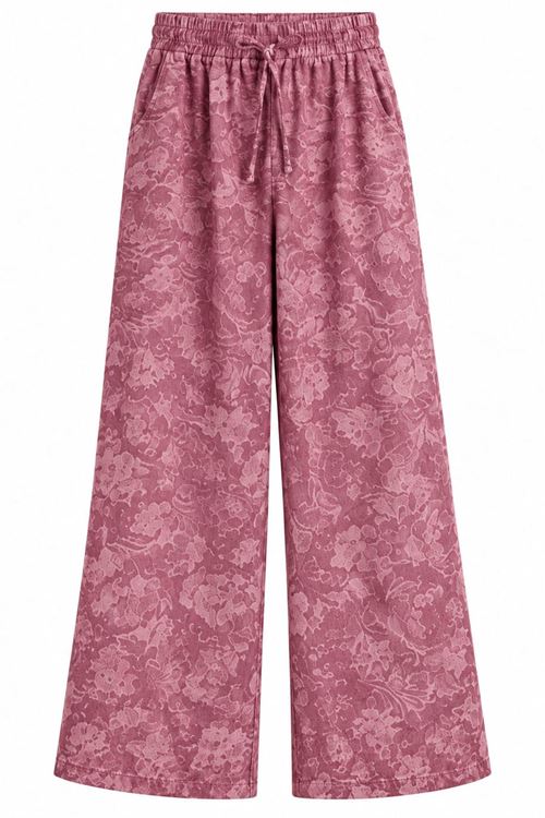 Pembe Jakarlı Desenli Beli Lastikli Bol Paça Kadın Pantolon DKHF061