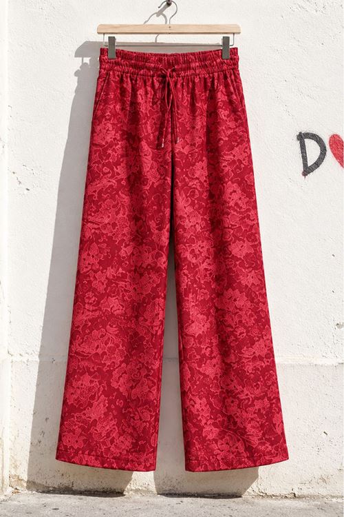 Fuşya Jakarlı Desenli Beli Lastikli Bol Paça Kadın Pantolon DKHF061