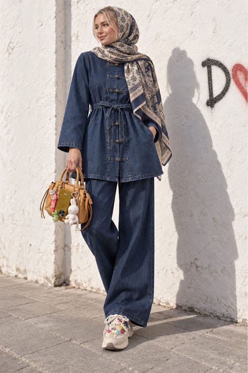 Kadın Lacivert Tesettür Kuşaklı Düğme Detaylı Denim Tunik Pantolon Takım TG039