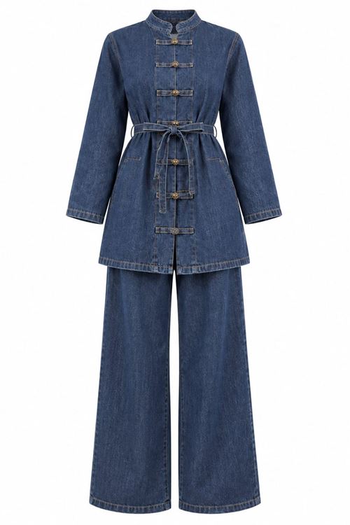 Kadın Lacivert Tesettür Kuşaklı Düğme Detaylı Denim Tunik Pantolon Takım TG039