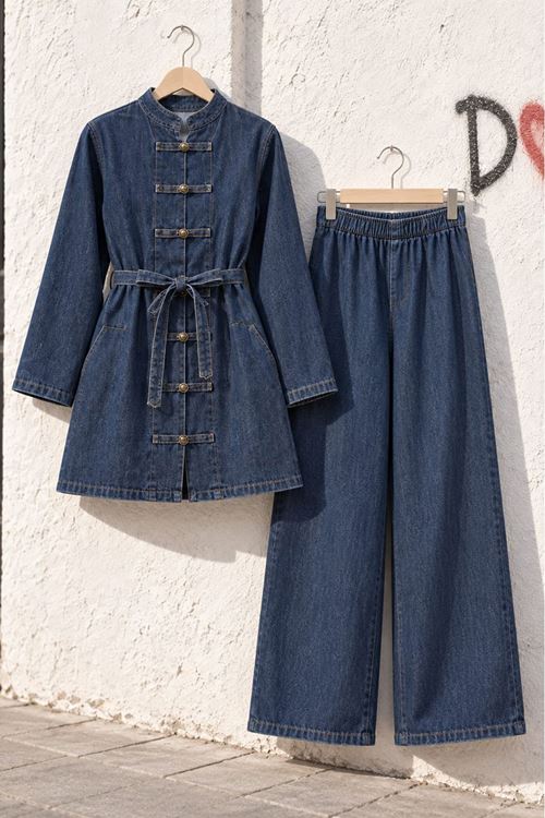 Kadın Lacivert Tesettür Kuşaklı Düğme Detaylı Denim Tunik Pantolon Takım TG039