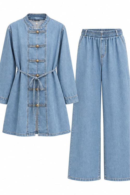 Kadın Mavi Tesettür Kuşaklı Düğme Detaylı Denim Tunik Pantolon Takım TG039