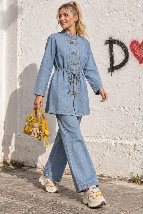 Kadın Mavi Tesettür Kuşaklı Düğme Detaylı Denim Tunik Pantolon Takım TG039