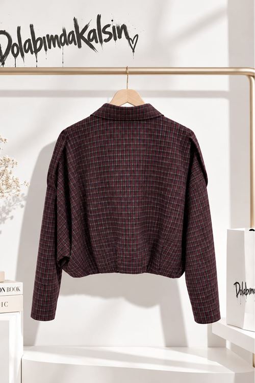 Kadın Ekose Desenli Fermuarlı Bomber Crop Ceket EFL038
