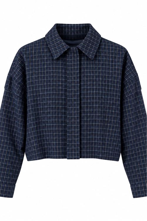 Kadın Mavi Ekose Desenli Fermuarlı Bomber Crop Ceket EFL038