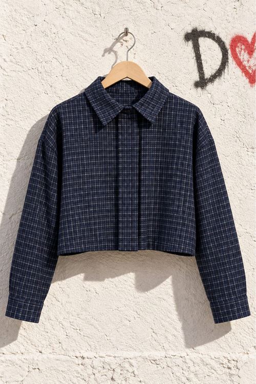Kadın Mavi Ekose Desenli Fermuarlı Bomber Crop Ceket EFL038