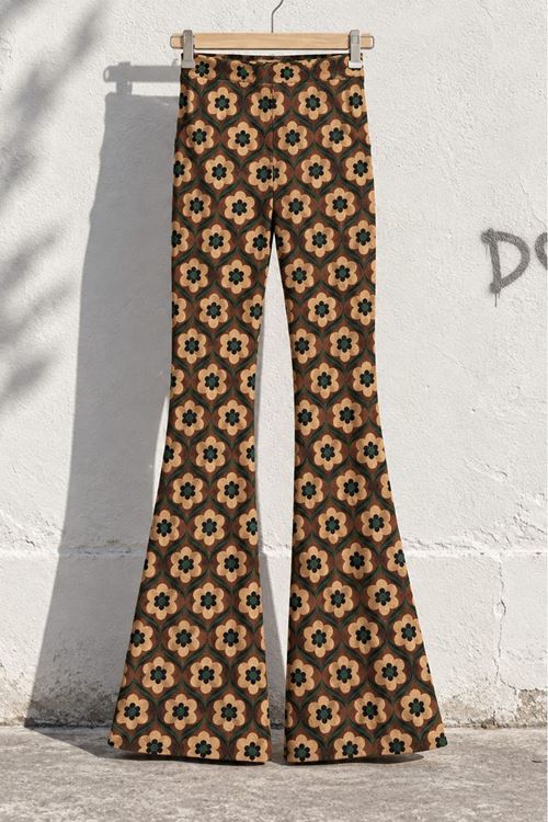 Kadın Retro Desenli Yüksek Bel İspanyol Paça Pantolon DKHF069