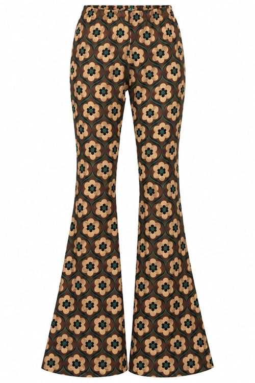 Kadın Retro Desenli Yüksek Bel İspanyol Paça Pantolon DKHF069