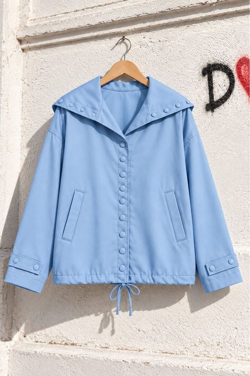 Kadın Mavi Çıtçıt Düğmeli Geniş Yaka Beli Bağcıklı Kısa Ceket DKHF070