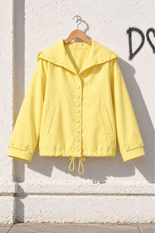 Kadın Sarı Çıtçıt Düğmeli Geniş Yaka Beli Bağcıklı Kısa Ceket DKHF070