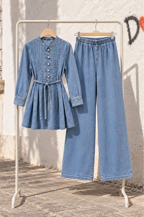 Kadın Bebe Mavi Beli Kuşaklı Düğme Detaylı Tunik Pantolon Kot Takım TG041