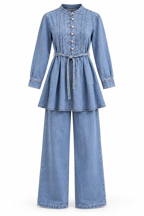 Kadın Bebe Mavi Beli Kuşaklı Düğme Detaylı Tunik Pantolon Kot Takım TG041