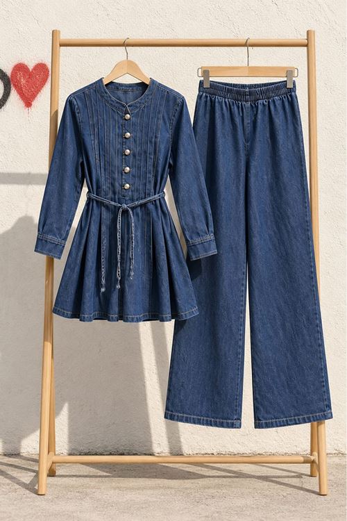 Kadın Mavi Beli Kuşaklı Düğme Detaylı Tunik Pantolon Kot Takım TG041