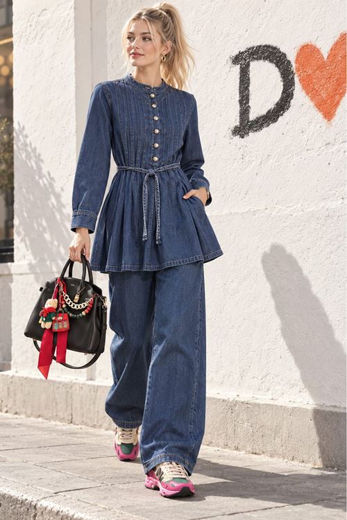 Kadın Mavi Beli Kuşaklı Düğme Detaylı Tunik Pantolon Kot Takım TG041