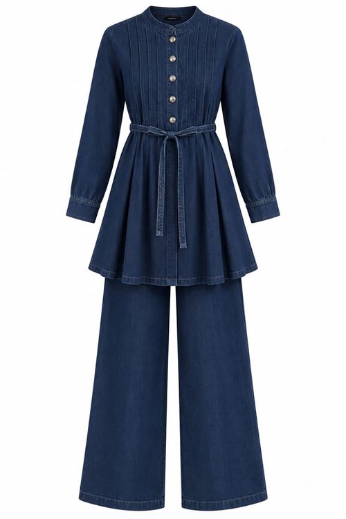Kadın Lacivert Beli Kuşaklı Düğme Detaylı Tunik Pantolon Kot Takım TG041