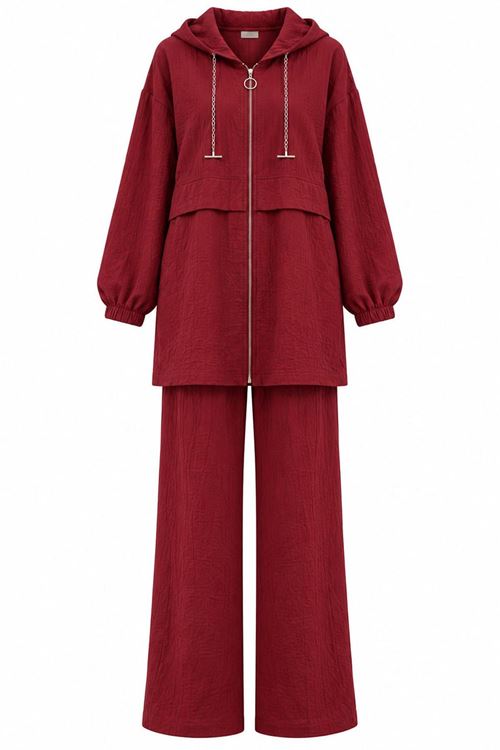 Kadın Bordo Kapüşonlu Fermuarlı Zincir Detaylı Tunik Pantolon İkili Takım TG042