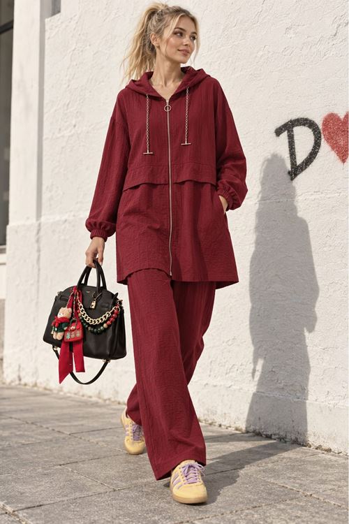 Kadın Bordo Kapüşonlu Fermuarlı Zincir Detaylı Tunik Pantolon İkili Takım TG042
