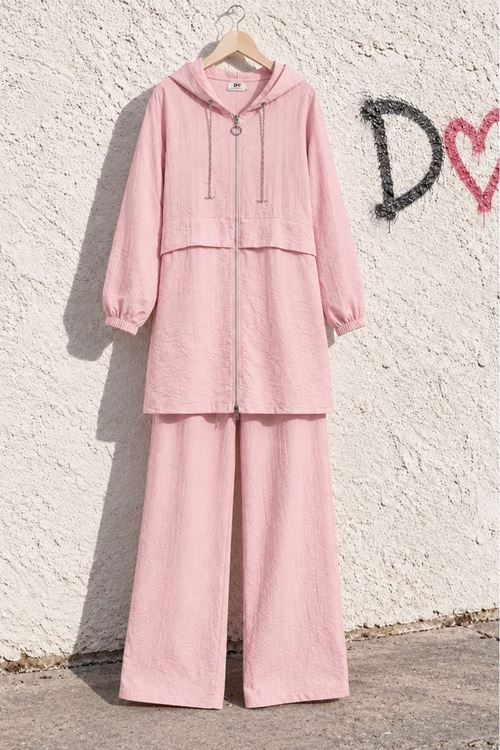 Kadın Pembe Kapüşonlu Fermuarlı Zincir Detaylı Tunik Pantolon İkili Takım TG042
