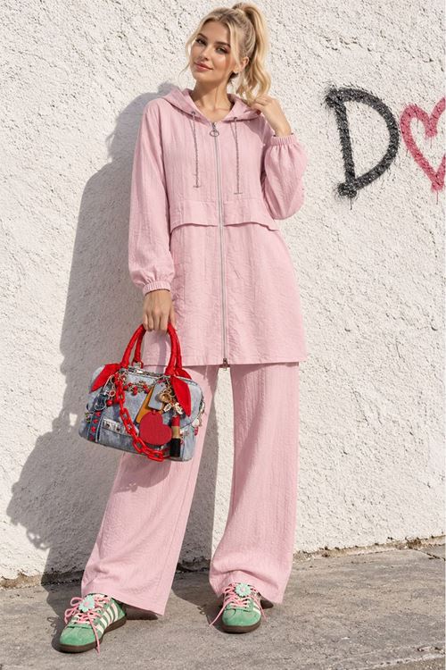 Kadın Pembe Kapüşonlu Fermuarlı Zincir Detaylı Tunik Pantolon İkili Takım TG042