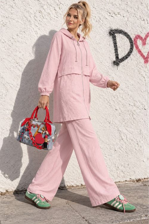 Kadın Pembe Kapüşonlu Fermuarlı Zincir Detaylı Tunik Pantolon İkili Takım TG042