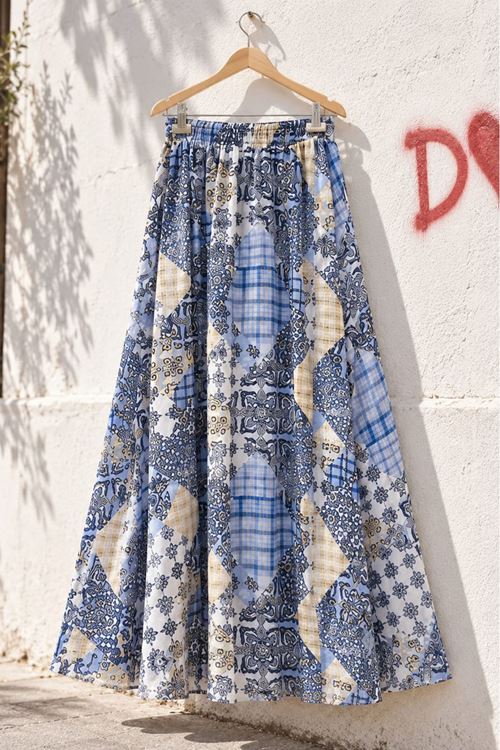Kadın Mavi Desenli Beli Lastikli Uzun Kadın Etek TG035