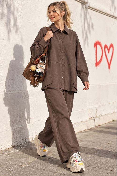 Kadın Kahverengi Rahat Kesim Gömlek Geniş Paça Pantolon İkili Takım DKHF073