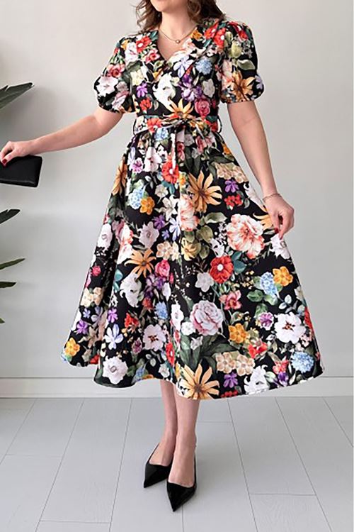 kadın kuşaklı poplin kumaş desenli elbise NBMY3467