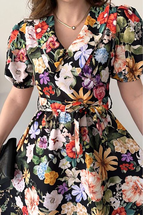 kadın kuşaklı poplin kumaş desenli elbise NBMY3467