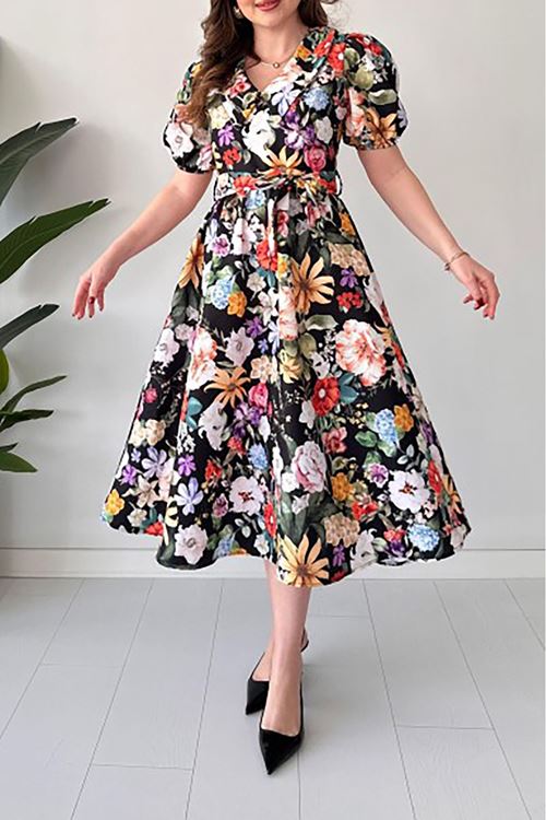 kadın kuşaklı poplin kumaş desenli elbise NBMY3467