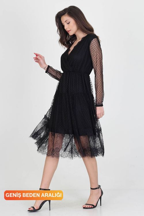 Neseli Butik Kruvaze Yaka Eteği Güpür Detaylı Yeni Sezon Elbise Nb0010