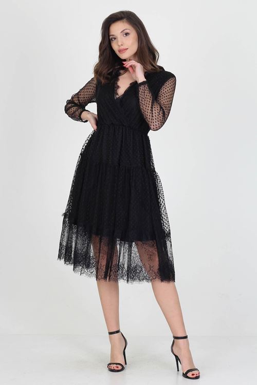 Neseli Butik Kruvaze Yaka Eteği Güpür Detaylı Yeni Sezon Elbise Nb0010