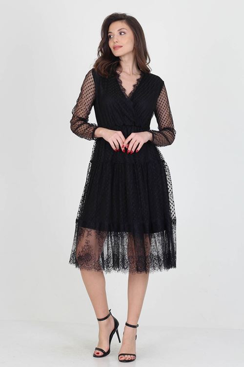 Neseli Butik Kruvaze Yaka Eteği Güpür Detaylı Yeni Sezon Elbise Nb0010