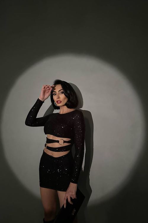 kadın siyah halka detyalı mini pul payet elbise NBDF106