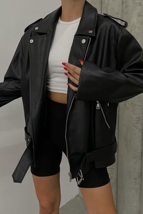 kadın siyah oversize deri mont NBDM5017