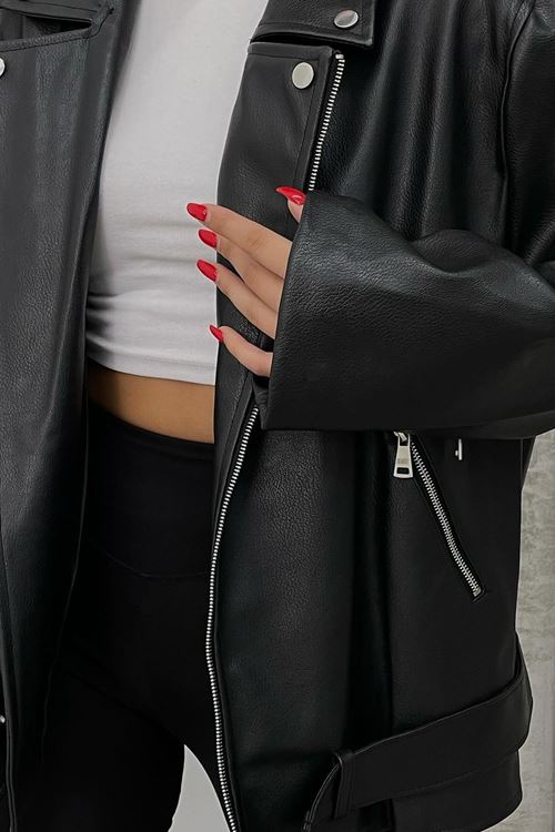kadın siyah oversize deri mont NBDM5017