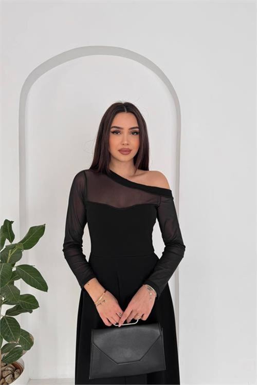 kadın siyah transparan detaylı tek omuz uzun kollu midi boy elbise