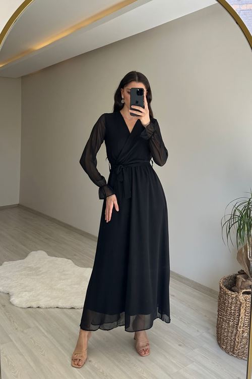 kadın uzun kollu kuşaklı maxi şifon elbise NM001