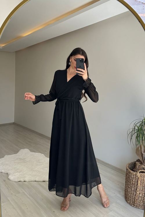 kadın uzun kollu kuşaklı maxi şifon elbise NM001