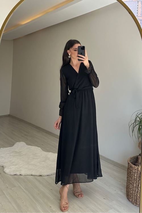 kadın uzun kollu kuşaklı maxi şifon elbise NM001