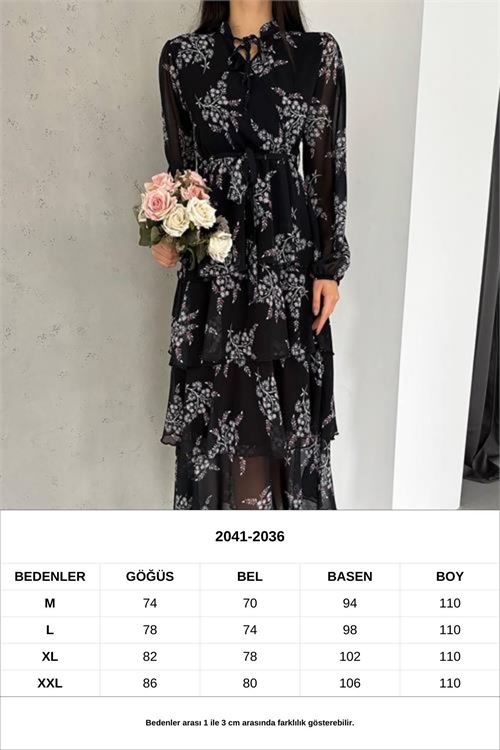 kadın astarlı eteği kat kat desenli şifon elbise NBKKLF2036