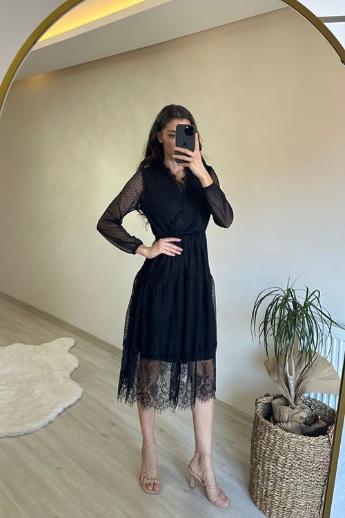 kadın kruvaze yaka dantelli tül elbise NM010