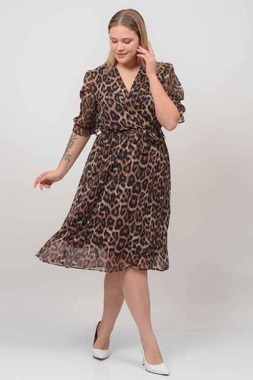 Kadın Kruvaze Yaka Midi Boy Büyük Beden Leopar Desenli Şifon Elbise Nb80622
