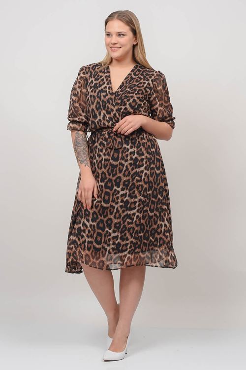 Kadın Kruvaze Yaka Midi Boy Büyük Beden Leopar Desenli Şifon Elbise Nb80622