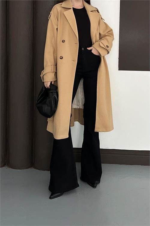 Kadın Taba Kuşaklı Omuz Detaylı Kaşe Kaban RYKBN01