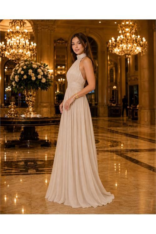 kadın taş rengi halter yaka janjan kumaş premium abiye elbise NBMY4128