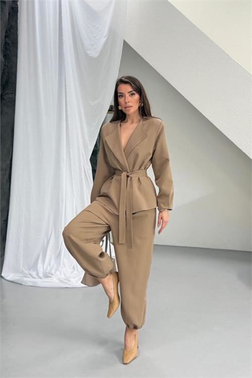 vizon kahverengi kuşak detaylı oversize şalvar pantolon blazer ceket takım NBNP023